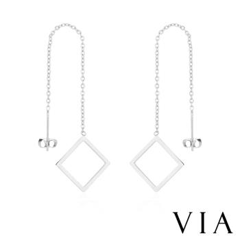 【VIA】符號系列 縷空正方形長款耳線流蘇造型白鋼耳環 造型耳環 流蘇耳環 鋼色