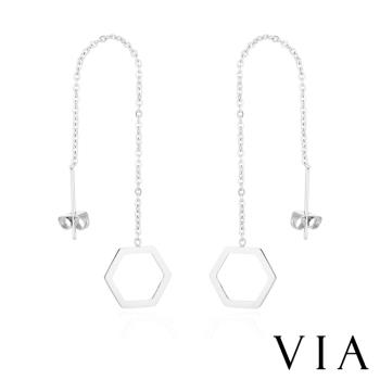 【VIA】符號系列 縷空六角形長款耳線流蘇造型白鋼耳環 造型耳環 流蘇耳環 鋼色