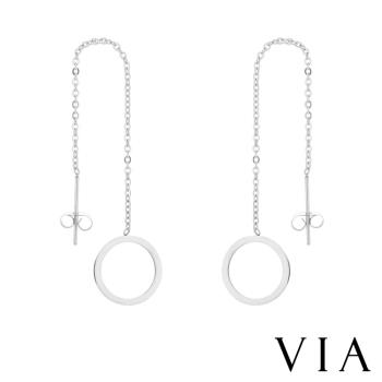 【VIA】符號系列 縷空圓形長款耳線流蘇造型白鋼耳環 造型耳環 流蘇耳環 鋼色