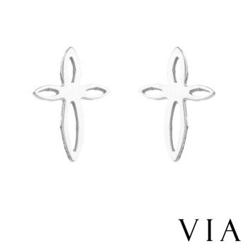 【VIA】符號系列 縷空線條十字架造型白鋼耳釘 造型耳釘 鋼色