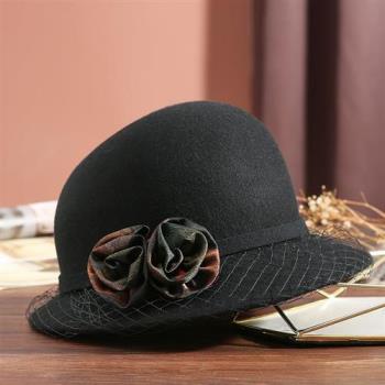 【米蘭精品】羊毛帽禮帽-網紗花朵優雅毛呢女帽子3色74dq50