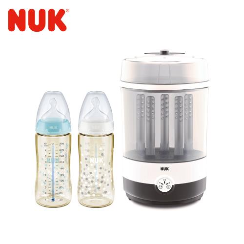 德國NUK-二合一蒸氣烘乾消毒鍋組+寬口徑PPSU感溫奶瓶300mL*2-慈濟*東森共善