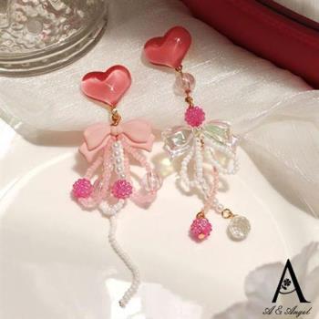 【ANGEL】桃心愛神不對襯流蘇珍珠甜美耳環(粉色)