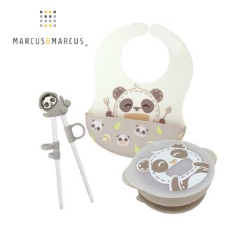 【MARCUS&MARCUS】兒童進階學習餐具3件組-貓熊款(圍兜+學習筷+吸盤碗含蓋)