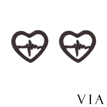 【VIA】符號系列 心跳頻率縷空愛心線條造型白鋼耳釘 造型耳釘 黑色