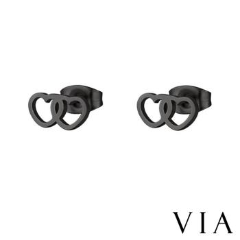 【VIA】符號系列 可愛縷空雙心造型白鋼耳釘 造型耳釘 黑色