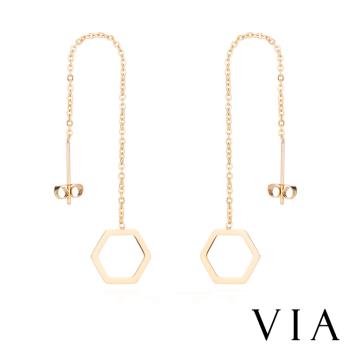 【VIA】符號系列 縷空六角形長款耳線流蘇造型白鋼耳環 造型耳環 金色