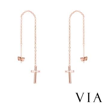 【VIA】符號系列 縷空十字架長款耳線流蘇造型白鋼耳環 造型耳環 玫瑰金色