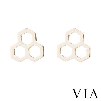 【VIA】符號系列 縷空六角形線條造型白鋼耳釘 造型耳釘金色