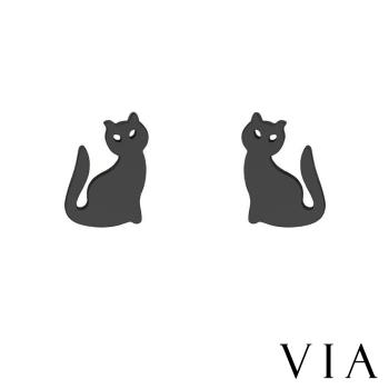 【VIA】動物系列 神祕小黑貓造型白鋼耳釘 造型耳釘 黑色