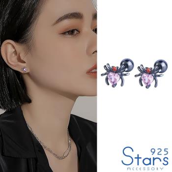 【925 STARS】純銀925閃耀愛心鋯石黑色蜘蛛造型球針耳釘 造型耳釘