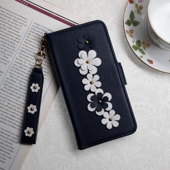 Aguchi 亞古奇 Apple iPhone 14 Pro Max (6.7吋) 花語 鉚釘立體花朵手機皮套 頂級柔軟皮革 附皮質璀璨吊飾 - 湛藍