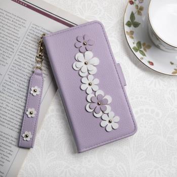 Aguchi 亞古奇 Apple iPhone 14 Plus (6.7吋) 花語 鉚釘立體花朵手機皮套 頂級柔軟皮革 附皮質璀璨吊飾 - 柔紫