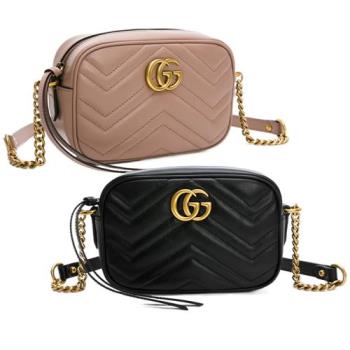 今日限定↘【GUCCI 古馳】Marmont MINI 仿舊雙G金色LOGO 山形紋拉鍊斜肩揹包/相機包 (黑色/裸色)448065