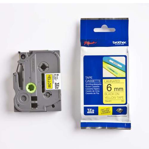 兄弟牌 BROTHER 黃底黑字 6mmx8M 標準黏性護貝標籤帶 / 包 TZe-611