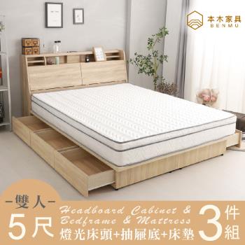 【本木】薩魯 LED燈光房間三件組-雙人5尺 床墊+床頭+六抽床底