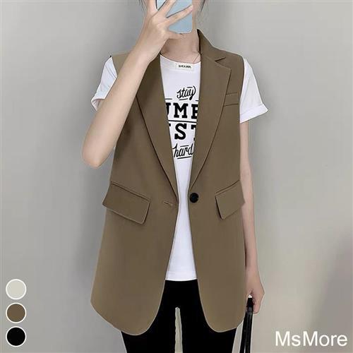 【MsMore】春秋季寬鬆V領無袖坎肩馬夾背心中長款外搭西裝外套#113752