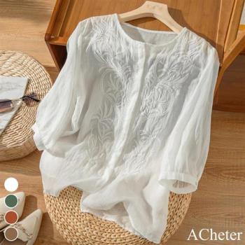 【ACheter】刺繡寬鬆氣質漂亮棉麻七分袖上衣#112681