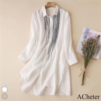 【ACheter】秋新款長袖刺繡寬鬆棉麻長版襯衫上衣罩衫#113540