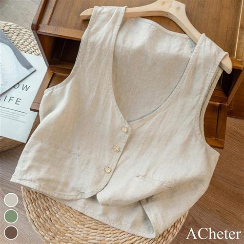 【ACheter】文藝復古棉麻背心外搭上衣#112859