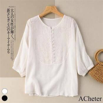 【ACheter】風琴褶皺襯衫式五分袖棉麻寬鬆短版上衣#113434