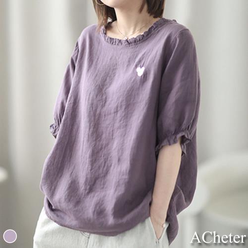 【ACheter】日式木耳領純色刺繡棉麻寬鬆上衣# 109411