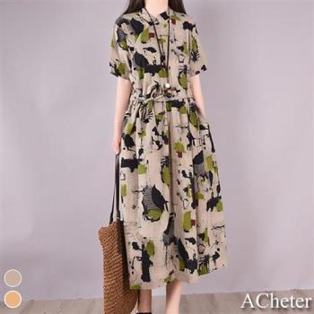 【ACheter】日式自然花園印花棉麻系帶寬鬆長洋裝##109882