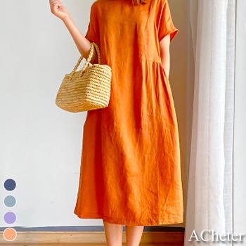 【ACheter】簡約文藝風時尚嫩彩棉麻寬鬆洋裝#109313現貨+預購(4色)