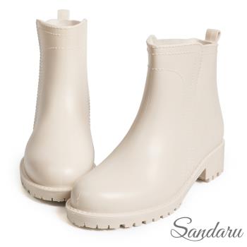 【SANDARU 山打努】雨靴 仿立體車線防水低跟短靴(米)