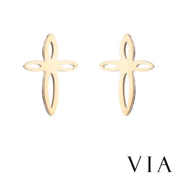 【VIA】符號系列 縷空線條十字架造型白鋼耳釘 造型耳釘金色