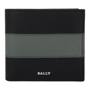 BALLY - 烙印銀字灰綠槓條荔枝紋皮革8卡短夾(黑)