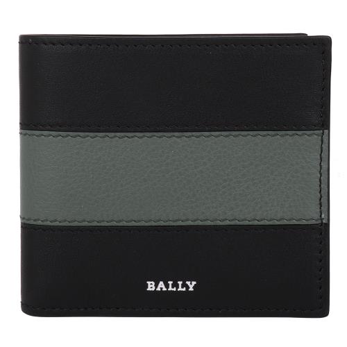 BALLY - 烙印銀字灰綠槓條荔枝紋皮革8卡短夾(黑)