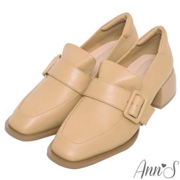 Ann’S同色系寬帶大方扣-方頭粗跟樂福鞋4.5cm-杏