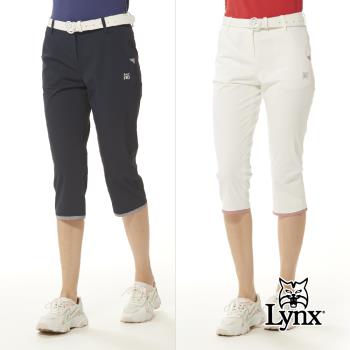 【Lynx Golf】女款日本進口布料吸汗速乾抗UV功能格紋配布造型剪裁窄管七分褲(二色)
