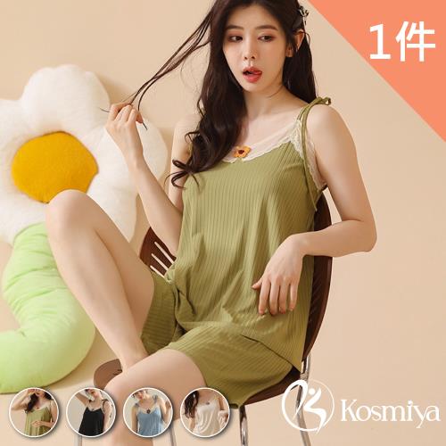【Kosmiya】莫代爾小花細肩綁帶睡衣褲/寬鬆睡衣/居家服/涼感睡衣/冰涼睡衣/居家套裝-1套(4色可選/M-3XL)