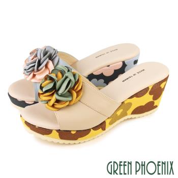 GREEN PHOENIX 女 拖鞋 玫瑰 全真皮 輕量 厚底 楔型 台灣製U27-20914