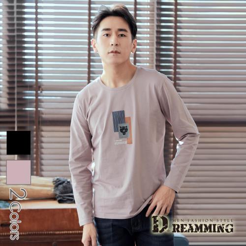 【Dreamming】TIGER刺繡拼色萊卡彈力長袖圓領T(共二色)