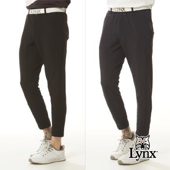【Lynx Golf】首爾高桿風格！男款彈性舒適精簡外觀褲口拉鍊造型山貓膠標平口窄管休閒長褲(二色)
