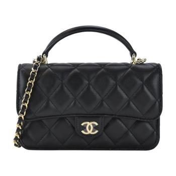 CHANEL 經典雙C菱格紋小羊皮鏈帶手提/斜揹包(黑色)