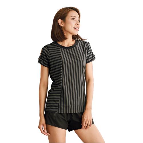 【iFit 愛瘦身】Fitty 抽皺袖條紋上衣 運動 健身 排汗 透氣 XS~XL