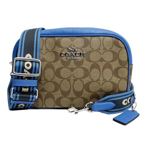 【COACH】新款C LOGO織布寬背帶斜背相機包(地中海藍/焦糖)