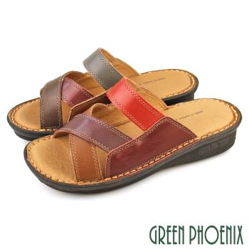 GREEN PHOENIX 女 拖鞋 交叉 拼接 吸震 減壓 全真皮 小坡跟 厚底 臺灣製U60-22556