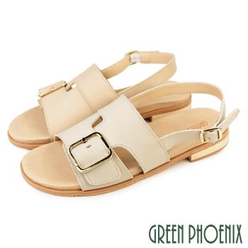 GREEN PHOENIX 女 涼鞋 皮帶釦 寬版 全真皮 平底 台灣製U30-20550