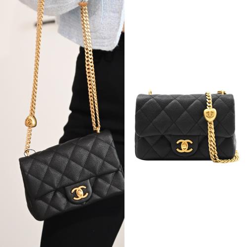CHANEL AS3828 Mini Coco 經典雙C LOGO愛心金球方胖鏈包.黑 17CM