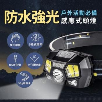 防水強光感應式頭燈(超輕量 揮手開關 五段照明 USB充電 登山頭燈 頭戴式頭燈 充電式頭燈)