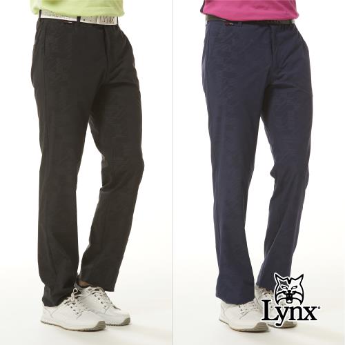 【Lynx Golf】男款防潑水四面彈性山貓精美壓光印後腰LOGO針織帶剪接平口休閒長褲 (二色)