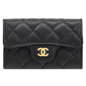 CHANEL AP0214 經典雙C LOGO菱格粒紋牛皮卡片零錢包.黑金