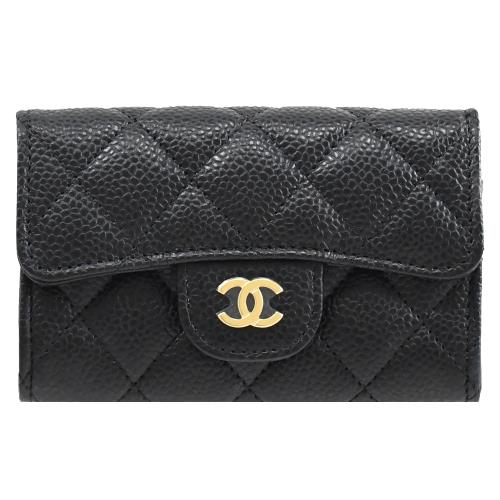 CHANEL AP0214 經典雙C LOGO菱格粒紋牛皮卡片零錢包.黑金