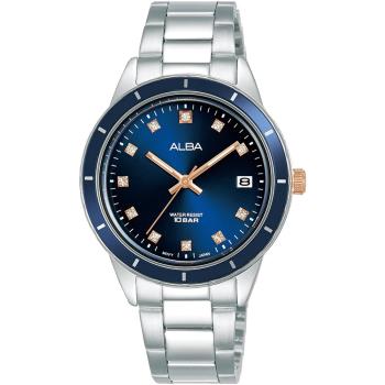 ALBA 雅柏 簡約晶鑽女錶-銀x藍/34mm AG8M87X1/VJ32-X333B