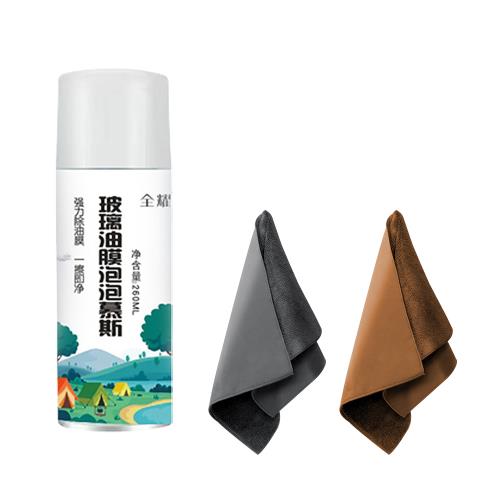 (超值2入)車用玻璃油膜清潔泡泡慕斯260ML+麂皮珊瑚絨雙面洗車毛巾x2